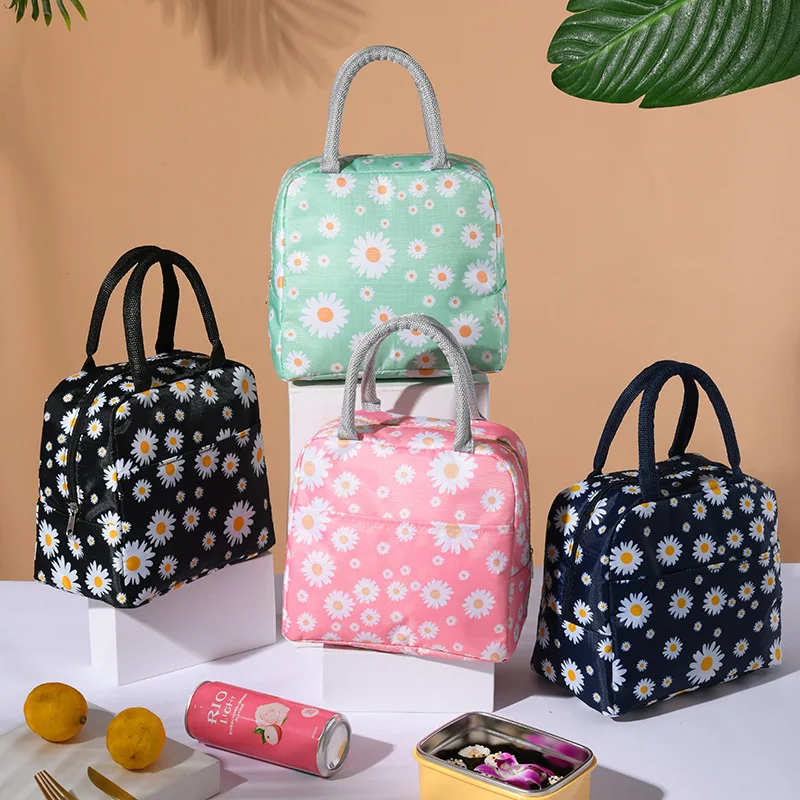 

1Pcs Insulated Lunch Bag Little Daisy Print Handheld Lunch Box Portable Multifunctional Outdoor Waterproof Picnic Bag Handbag