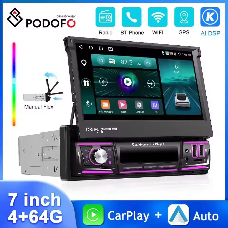 Podofo 4+64G 1Din Android Car Radio 7'' Retractable Screen Multimedia Player Carplay Android Auto WIFI GPS Navigation FM/RDS