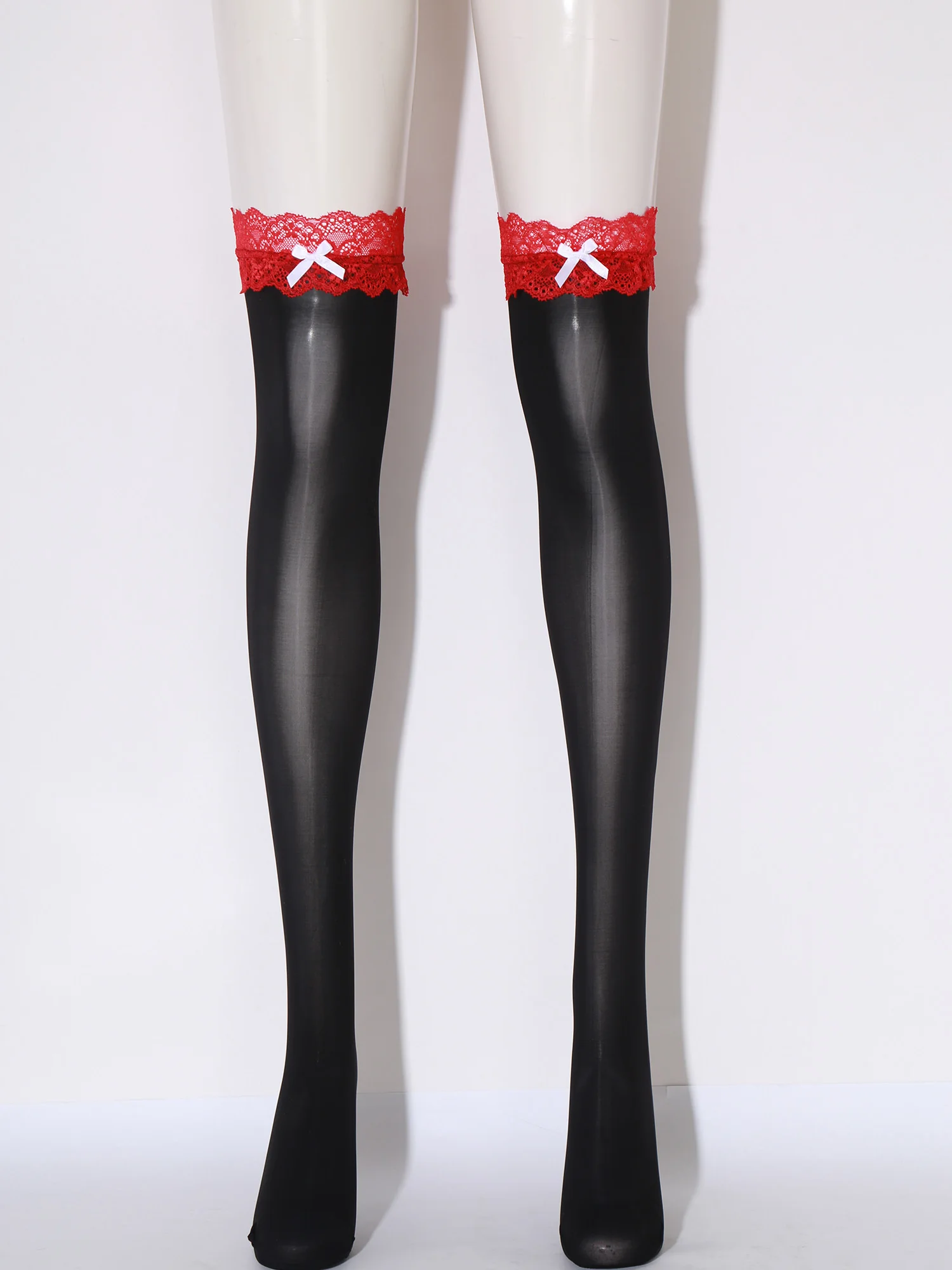 

Women Girl Glossy Bow Stockings with Lace Trim Stretchy Smooth Thigh-high Socks Miniskirts Cosplay Costume Shorts Accessories