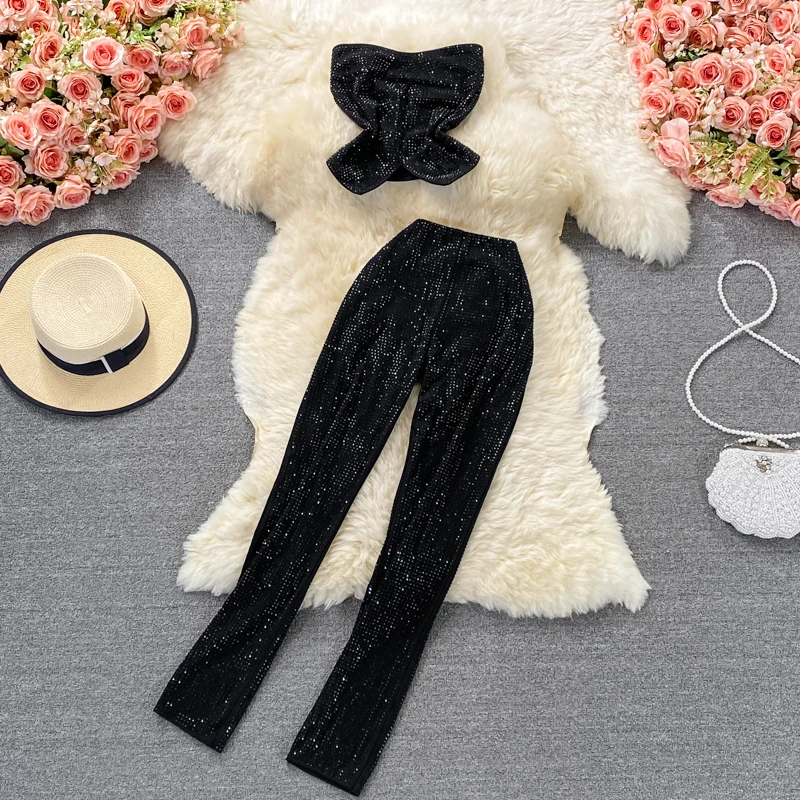Conjunto de duas peças com top curto sexy e calça skinny elástica de cintura alta com franjas para mulheres, roupa de verão d...