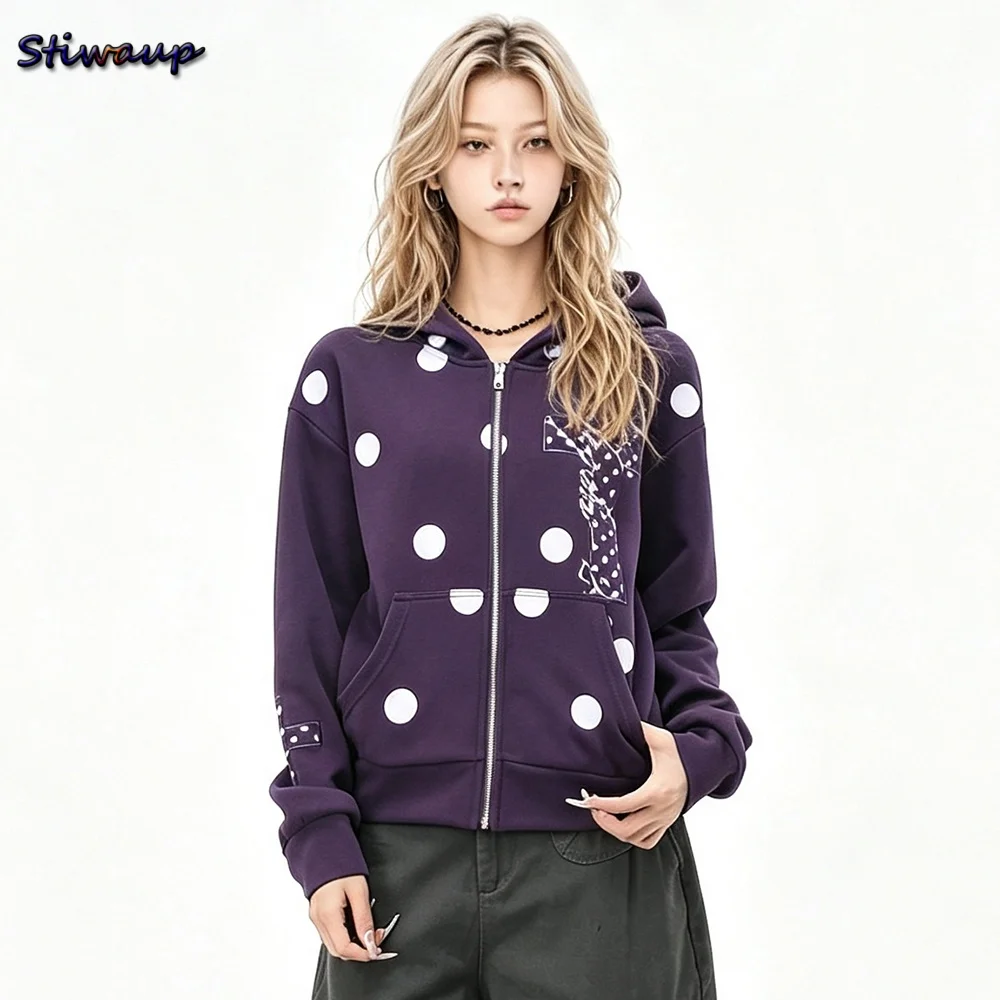 Women's Hooded Sweatshirt Original American Polka Dot Cross Embroidery Short Zip Up Jacket with Hood Women Casual Autumn Coat