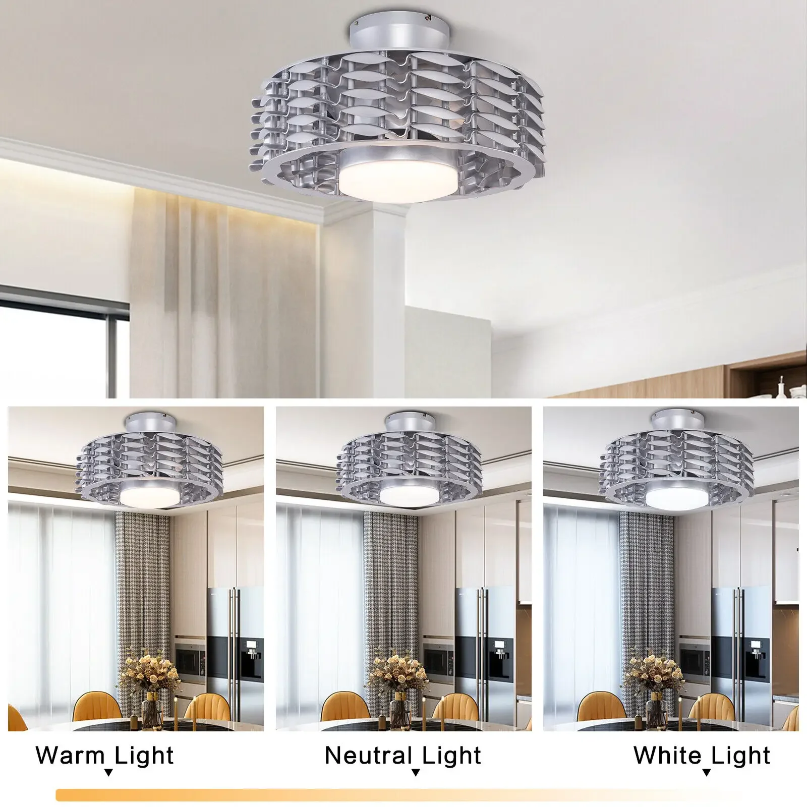 22 Inch Bladeless Ceiling Fan with Light and Remote Control 3-Color Adjustable Modern Semi Flush Mount LED Ceiling Fan Light