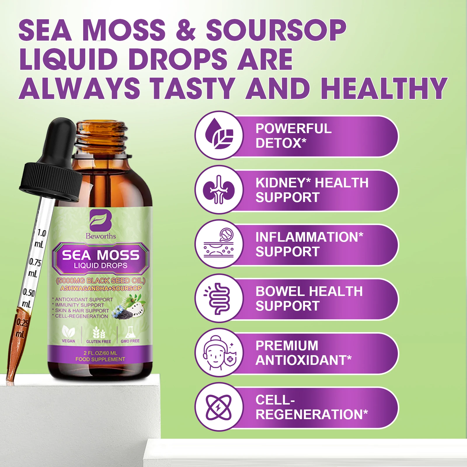 COMPORTES-Graviola Extract Drops, Sea MOSS e Graviola, Suporte Imunidade e Saúde Renal, Promover a Digestão e Antioxidação