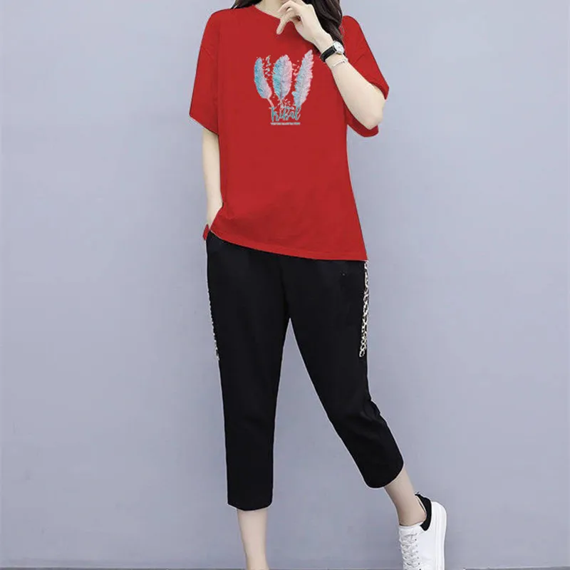 Mùa Hè Nữ Oversize Tracksuits Thường Ngày Pantsuit Bộ Ngắn Tay Áo Thời Trang Thể Thao Nam Bắp Chân-Chiều Dài Kích Thước Quần 5XL