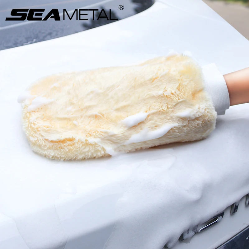 SEAMETAL Waterproof Car Wash Microfiber Gloves Soft Thickened Wool Plush Car Cleaning Mitt Double-faced Glove Car Wash Supplies 