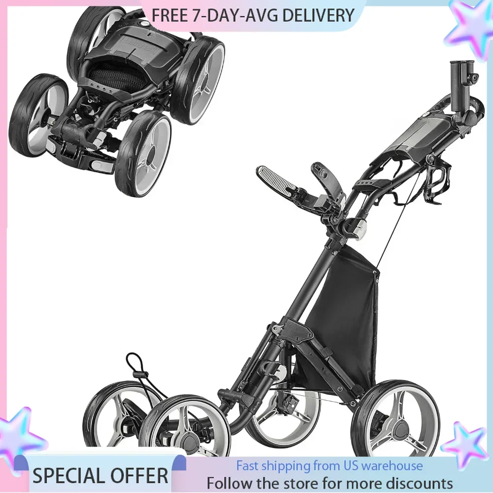 4 Wheel Golf Push Cart Umbrella Holder, Foot Brake Are Included Adjustable Handle Height for Multiple Pushing Golf Push Cart