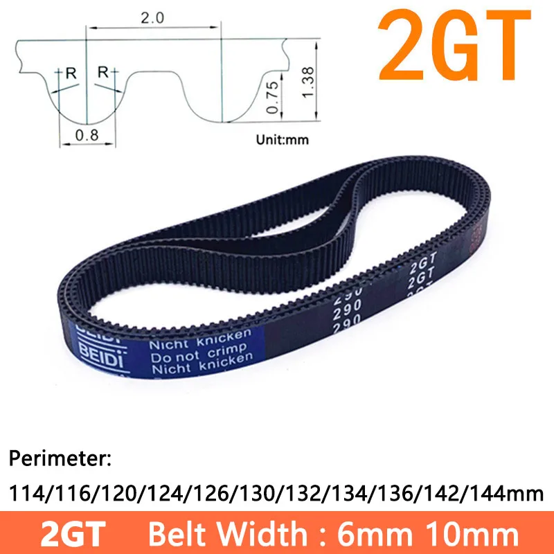 

2GT Timing Belt GT2 Rubber Closed Synchronous Belt Perimeter 114/116/120/124/126/130/132/134/136/142/144mm Width 6mm 10mm