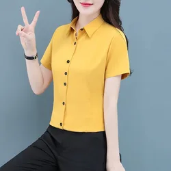 Summer Turn-down Collar Solid Color Button Up Short Sleeve Chiffon Cardigan Women's Clothing Shirt Minimalist Casual Tops