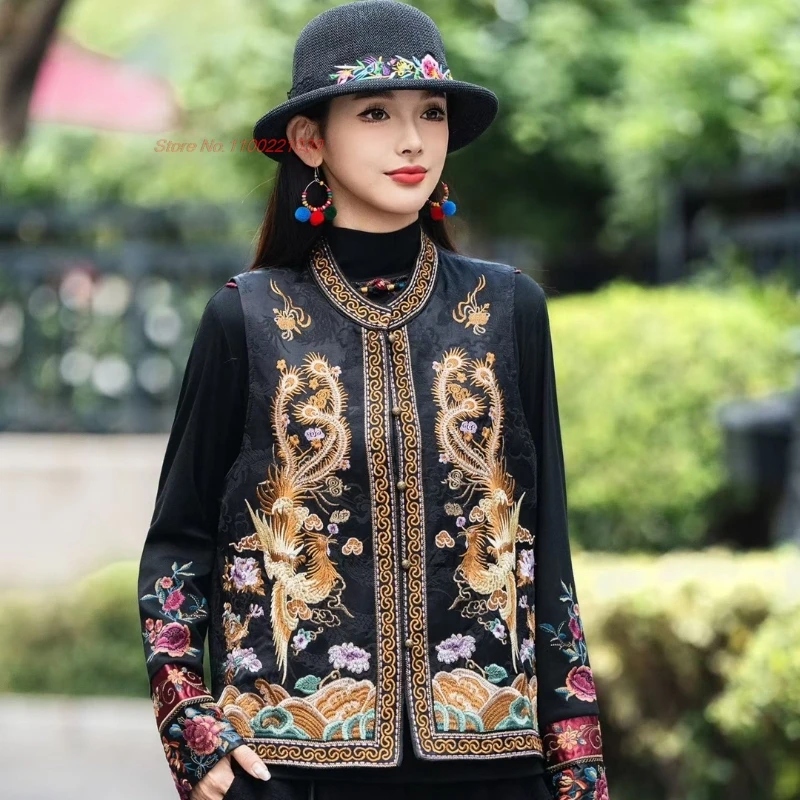 

2025 китайский винтажный атласный жаккардовый жилет в стиле ретро, куртка без рукавов с национальной вышивкой Феникса, воротник-стойка, жилет с хлопковой подкладкой
