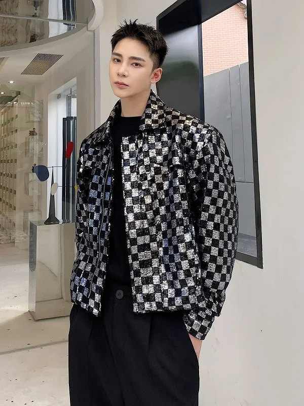 

Trendy Streetwear Plaid Embroidered ort Men's Jaet Faion ow Sle Top Stage Costume Loose Fit Glittering Youthful