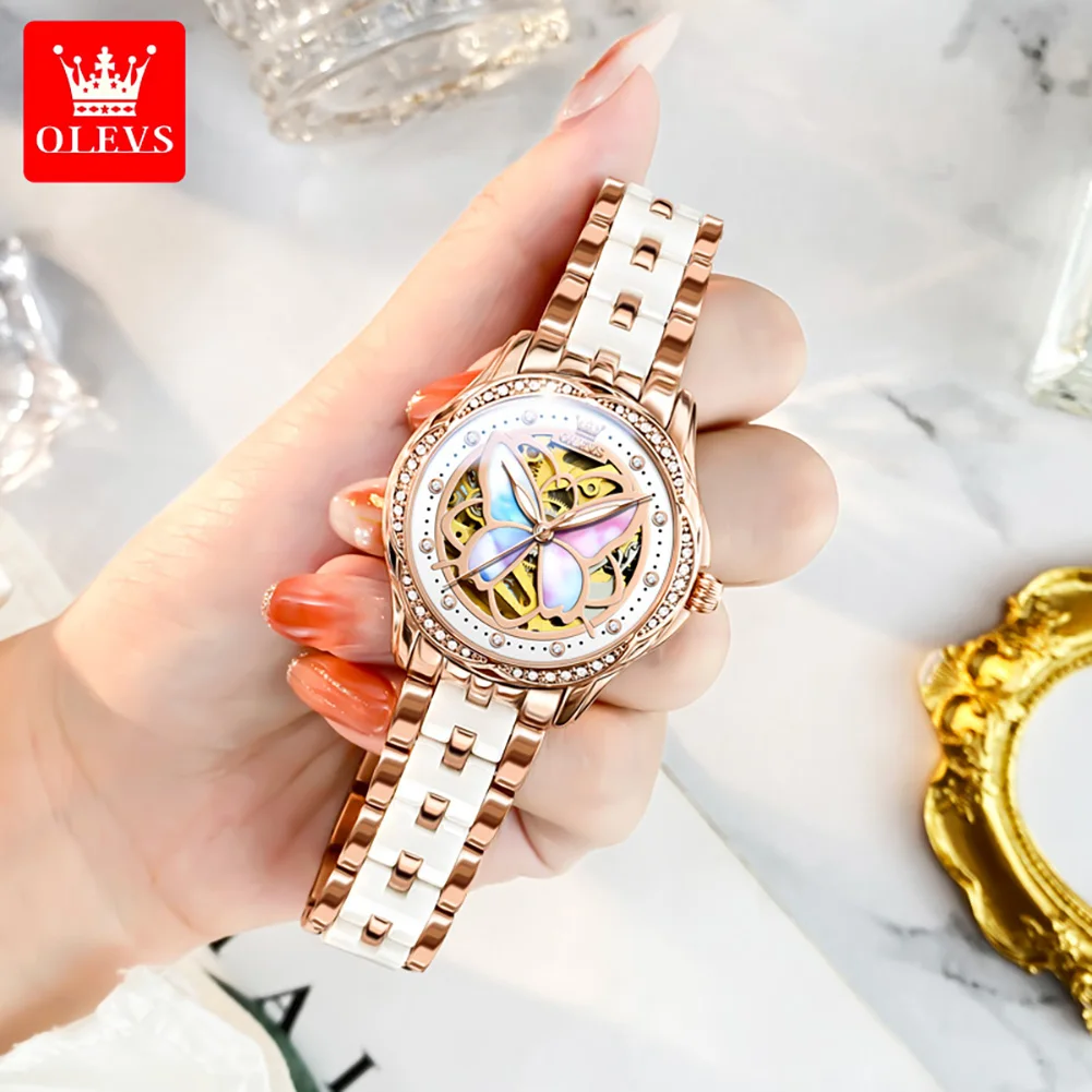 OLEVS 6615 Womens Watch Original Bezel Ceramic Mechanical Automatic Wristwatch Waterproof Luminous Ladies Watch Butterfly Dial