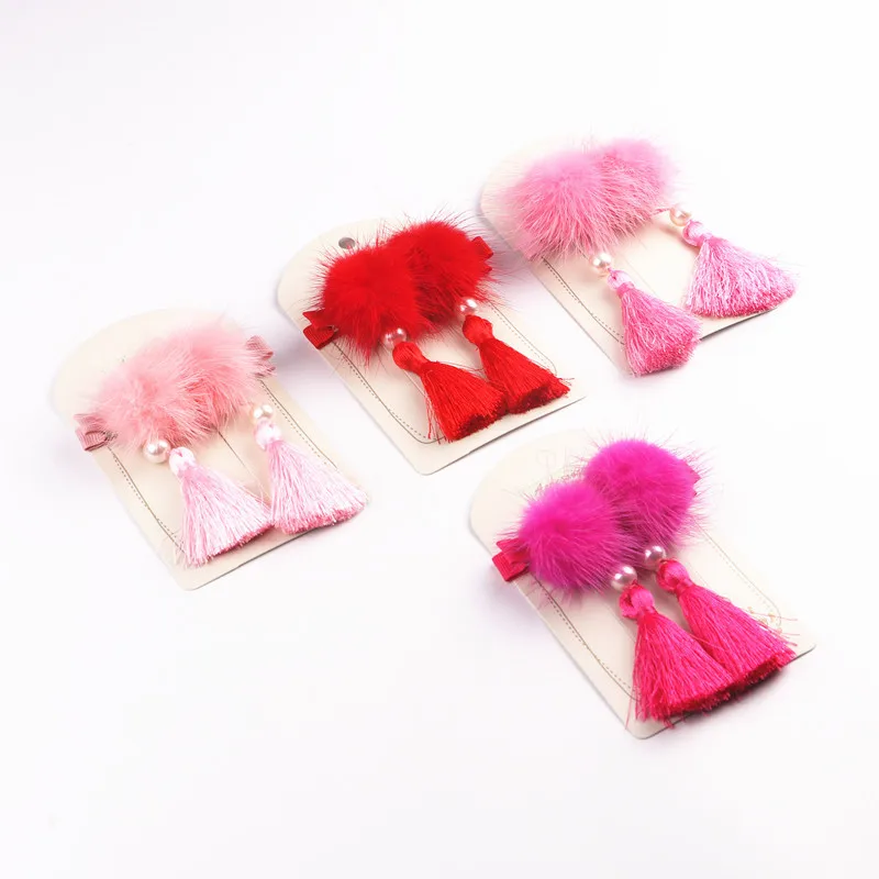 2pcs/lot Chinese Knot Hair Clips Ball Tassel Hairpin Kids girl Festival drama New year barette child hair accessories