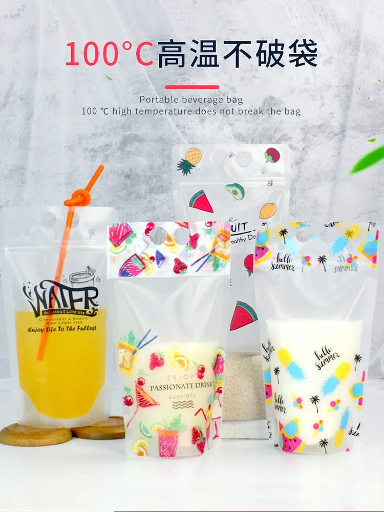 100pcs Beverage Bags Disposable Transparent Straw Self-supporting Bag Fruit Juice Milk Tea Takeout Zipper Portable Packing Sack