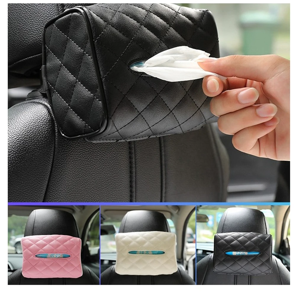 3 Colors Car PU Leather Tissue Box Cover Sun Visor Back Hanging Type Car Tissue Box Armrest Box Towel Tissue Storage Case