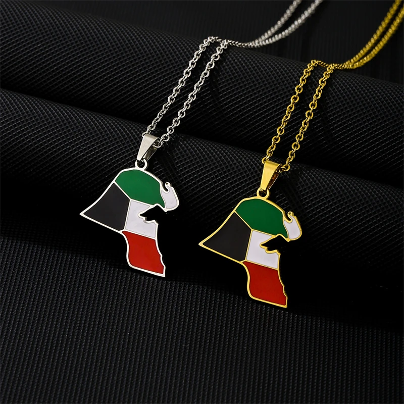 Fashion Kuwait Map Flag Pendant Necklace For Women Men Charm Gold Silver Color Party Stainless Steel Kuwaiti Jewelry