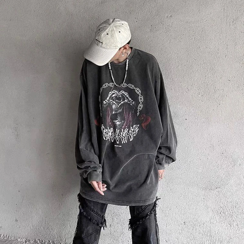 Dark Skeleton Love Print Women O Neck Long Sleeve T Shirt Fall Fashion Vintage Highstreet Hip Hop Loose Clothes Halloween Unisex