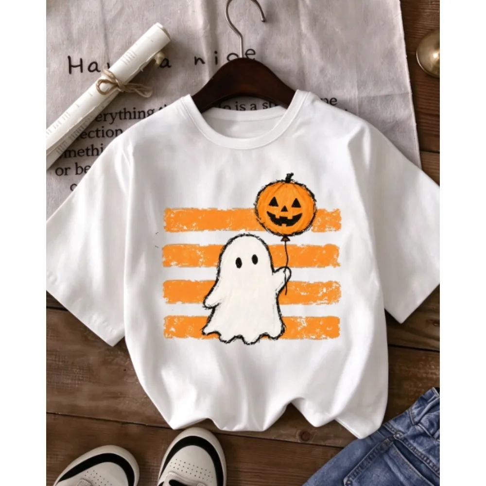 Cute Ghost Holding Pumpkin Balloon Graphic T Shirt For Women, Hand Drawn Halloween Ghost Striped Background Print