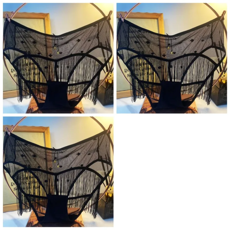Phantom Tassel, Sexy Lady Lace Temptation Hollowed Out New Large Size Fat MM Panties Breathable Shorts Personality Quick-dry