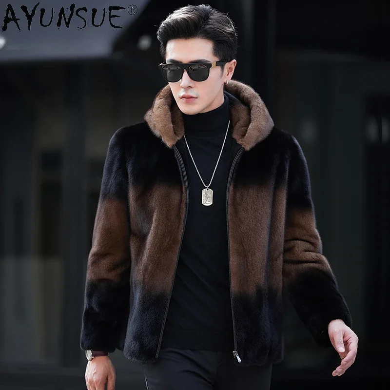 AYUNSUE Real Fur Coat Men Mink Jacket Hooded Winter 2023 Luxury Mink Fur Coats Man Casual Business Fur Jacket Chaqueta Hombre