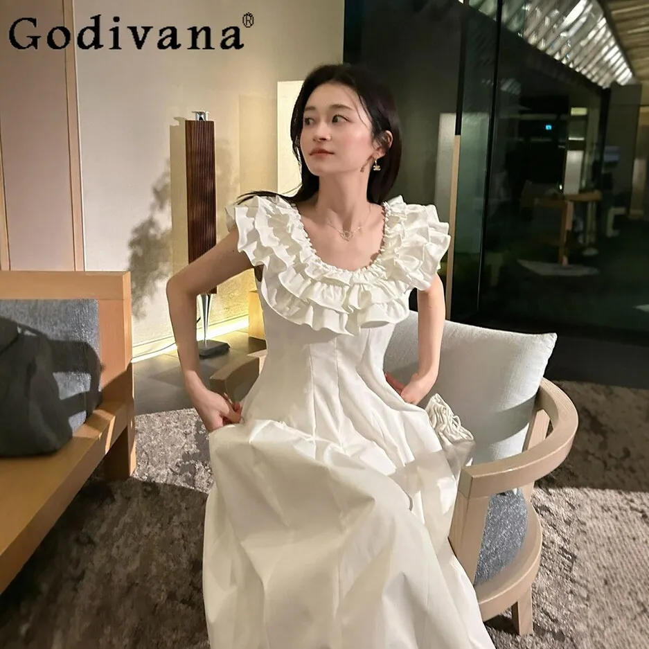 

2026 Summer New Women's High Waist Dress Ruffles Large U-neck Fashion Dresses Japanese Sweet Elegant Long Sleeve White Dress