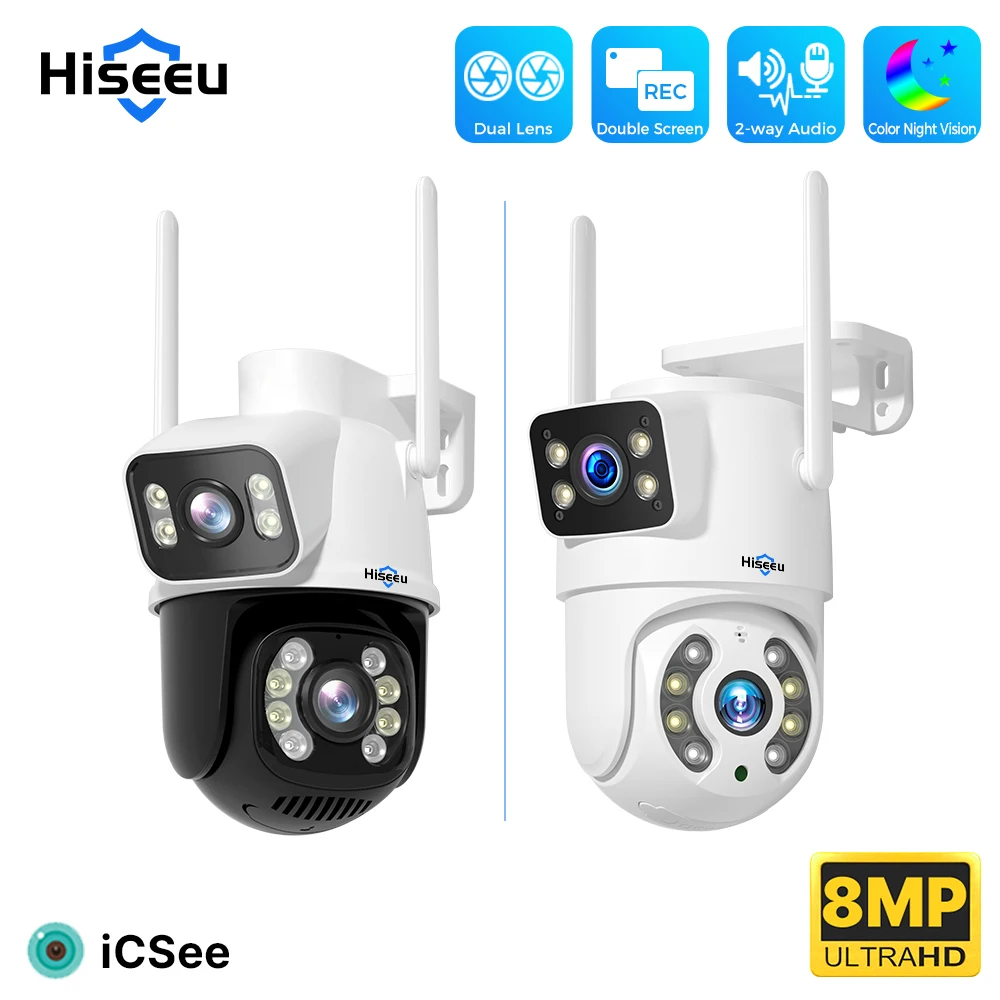 Hiseeu Telecamera Smart WiFi 4K 8MP con Doppia Lente, Zoom Digitale 4X, Rilevamento Umano AI, Telecamera IP PTZ di Sicurezza Wireless per Esterni