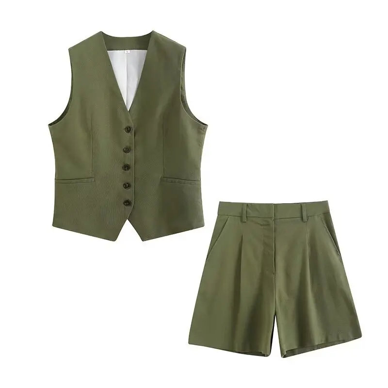 Spring/Summer New Women's Dress Sets Fashion Linen Blended Vest+Shorts Set for Women