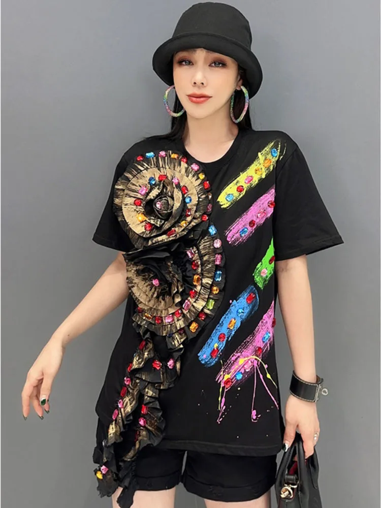 Vefadisa 2025 Summer New Heavy Industry Black Women T-shirt Short Sleeves 3D Flower Ribbon Diamond Embedding T-shirt HLX170