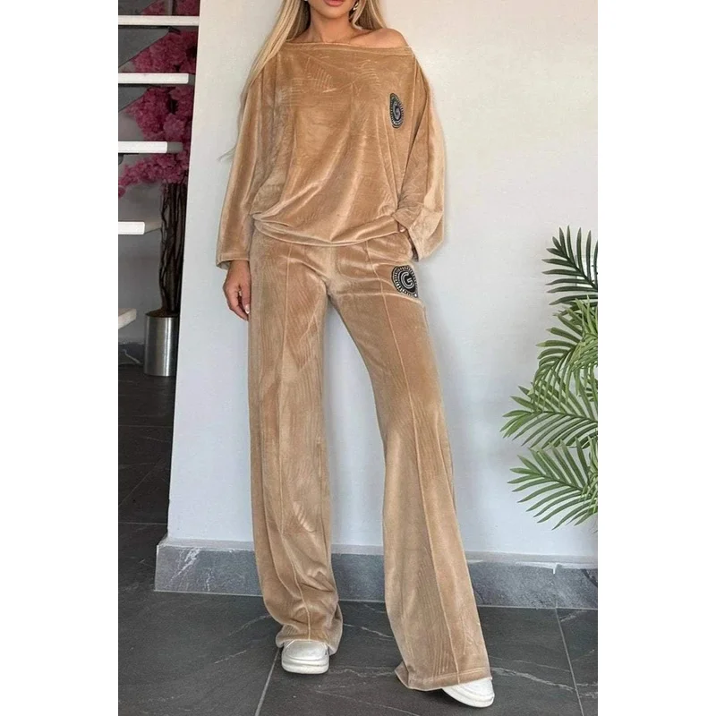 العصرية المرأة قطعتين الدعاوى الخريف الشتاء الذهبي المخملية الصلبة س الرقبة الخفافيش كم عادية موضة جديدة قبالة الكتف 2 قطعة مجموعة #3