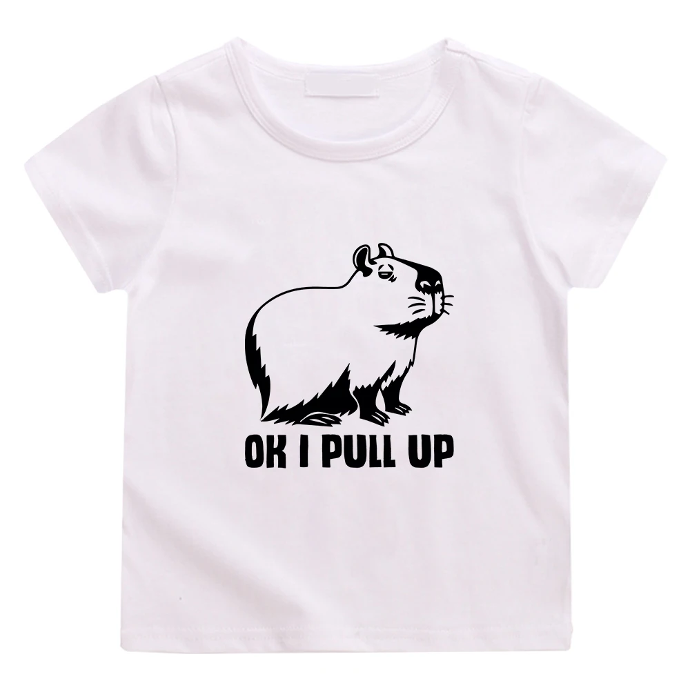 OK I PULL UP Capybara Cute Print Tee-shirt 100% Cotton Short Sleeve Casual T-shirt High Quality Comfortable Soft Tshirt Children