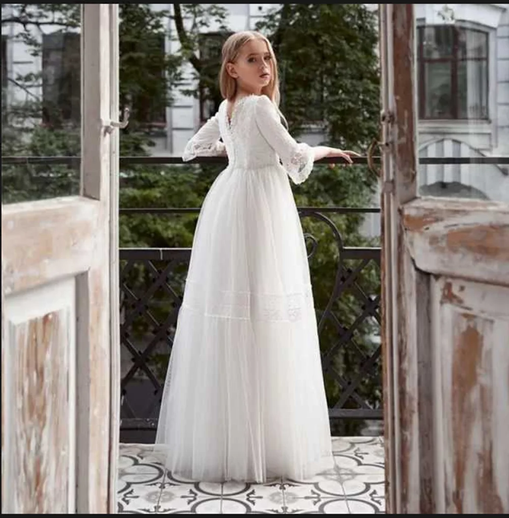 

Flower Girl Dresses Tulle Long Applique Princess Wedding Party Dress Sleeveless First Holy Communion Gown for Girls