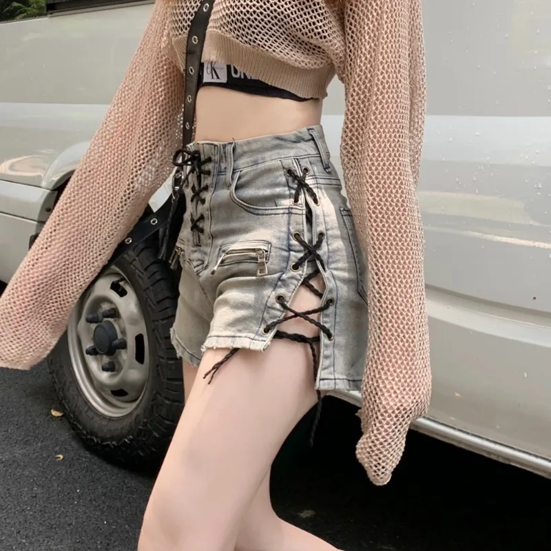 

2023 Summer Bandage Sexy Denim Shorts Blue Women Streetwear Jeans Mini High Waist Slim Lace Up Casual Zipper Goth Club Fashion