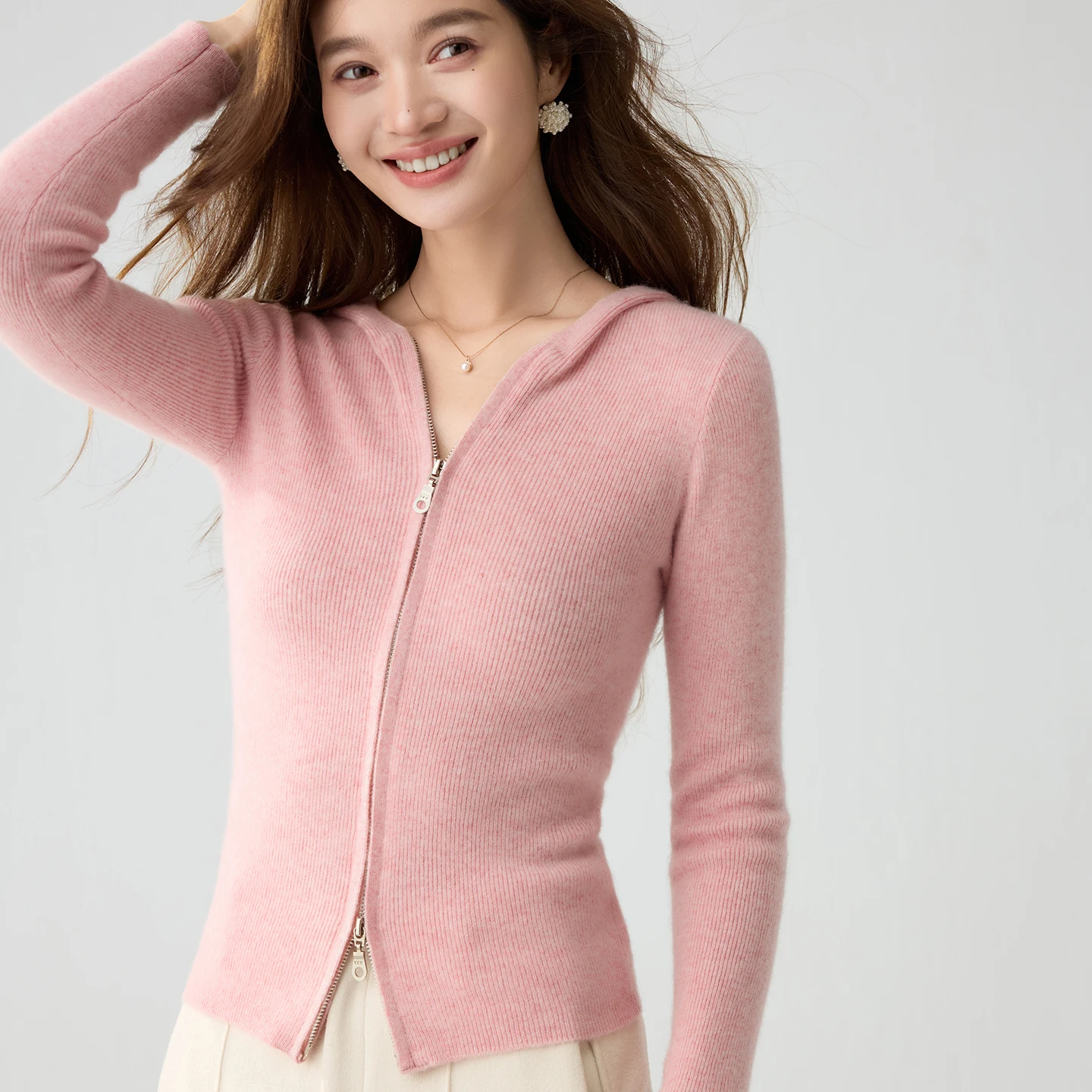 Luxury Soft Women Pure Cashmere Hooded Cardigan 100% Cashmere Vertical Rib Zip Up Hoodie Chic Slim Fit Female Knit Jacket