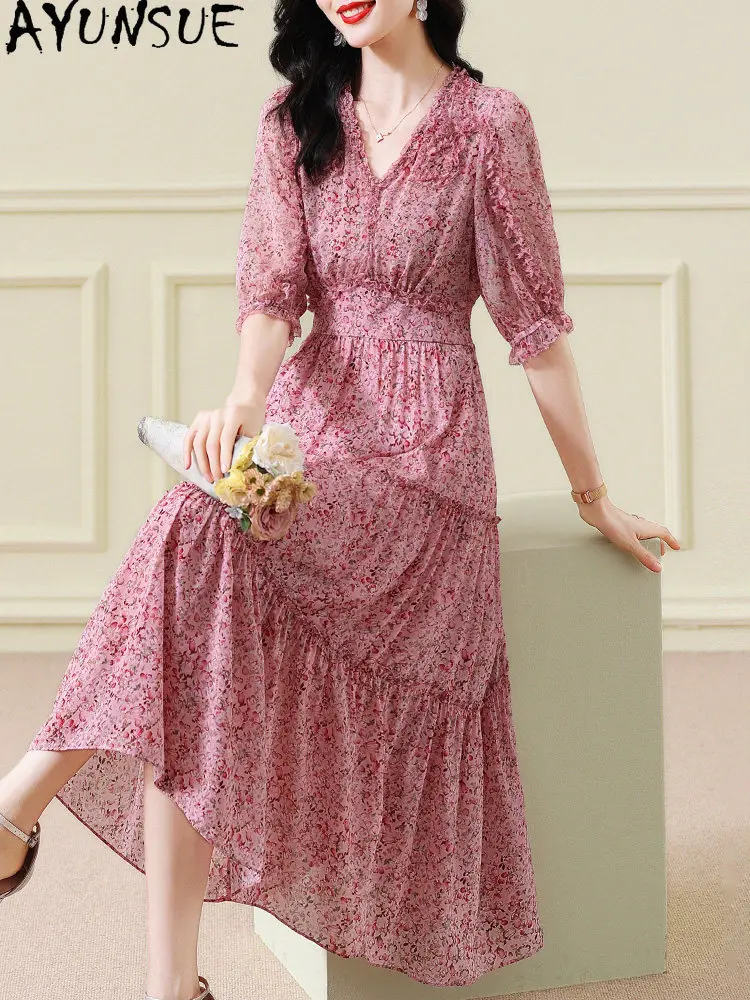 AYUNSUE 100% Real Mulberry Silk Dress for Women Summer Clothes Long Dress V-neck Elegant Womens Dresses Print Vestidos De Mujer