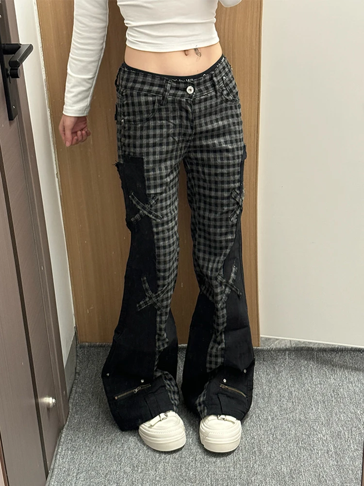 

American High Street Design Bla Plaid Splicing Denim Pants Women Y2K Millennium Sle Sexy Micro Flared Long Trousers