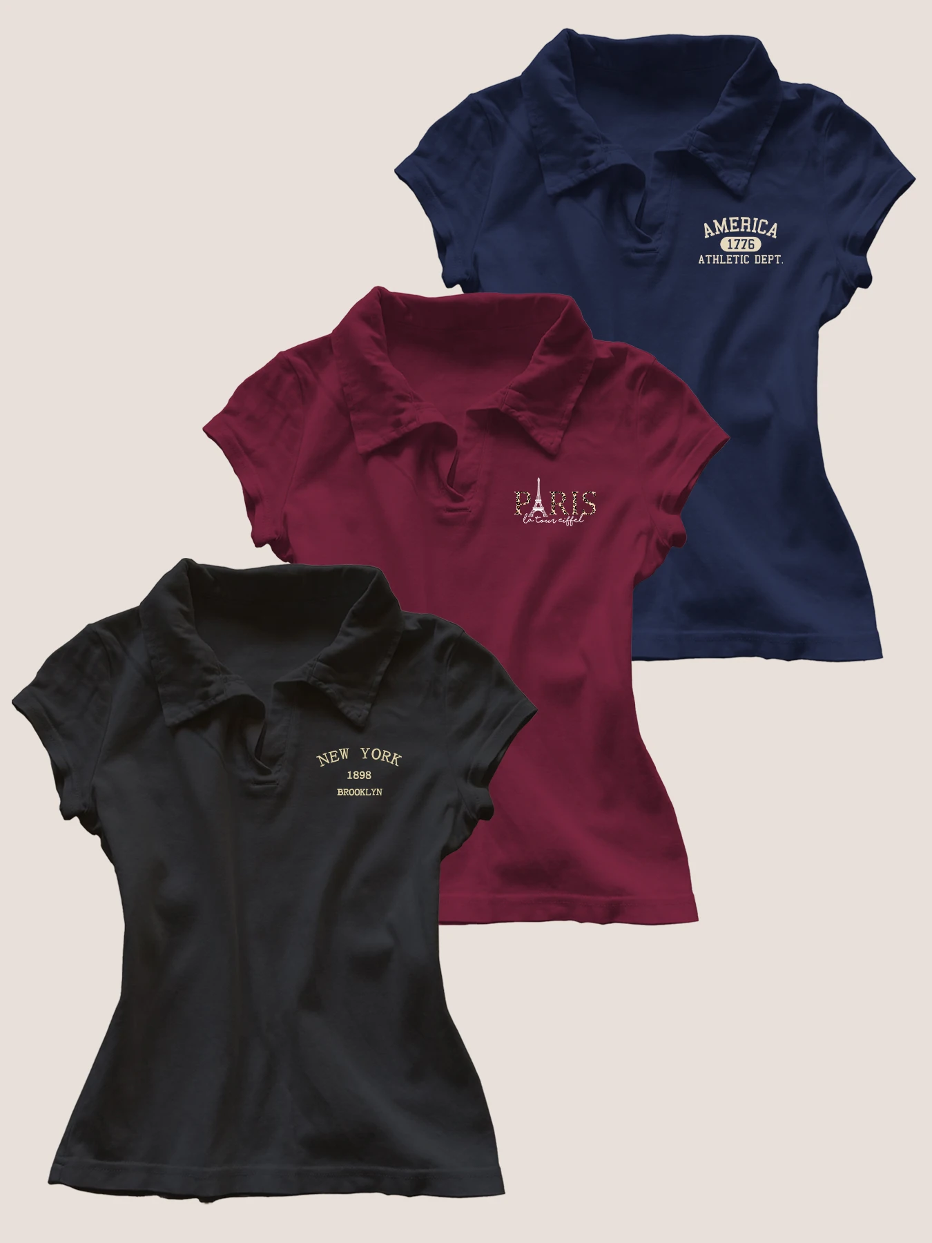 

3PC New American Retro Top Trendy Summer Polo Collar Short Sleeve Slim Shoulder T-shirt for Women