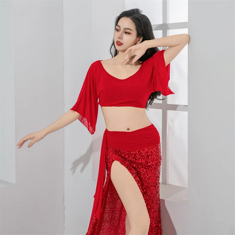 Brilho lantejoulas dança traje feminino solto dança do ventre topo sexy lado dividir saia longa fio de água dancewear prática palco mostrar 2025