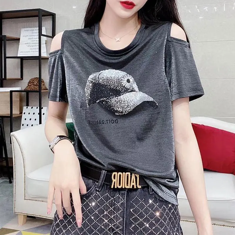 High Street Solid Color T-shirt Female Clothing Chic Diamonds 2023 New Summer Stylish Off Shoulder Casual O-Neck Loose Pullovers