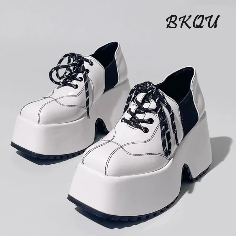 

BKQU Women Head Mary Jane Small Leather Shoes 2024 New Trend Punk Style Lace-up Derby Muffin Platform Single Ultra High Heel 9CM