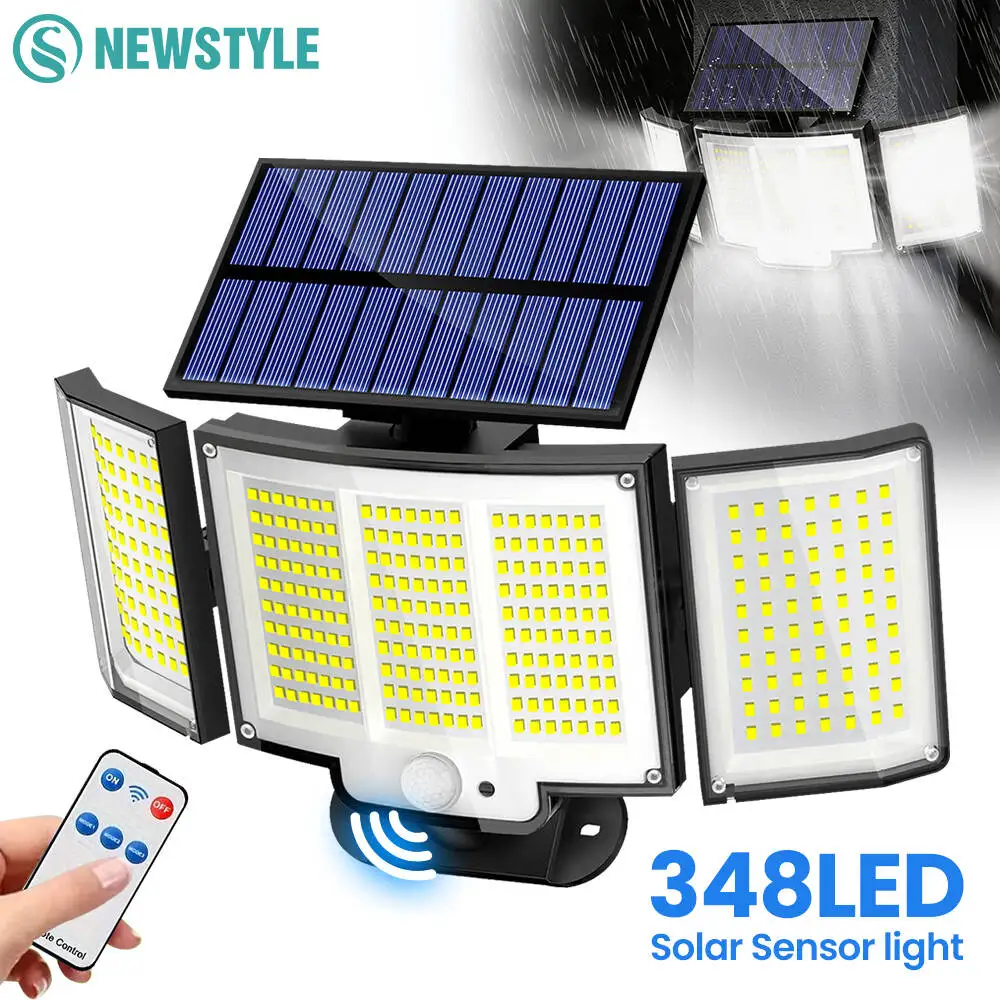 Solar-Außenleuchten mit Bewegungsmelder und Fernbedienung, 3 Beleuchtungsmodi, IP65 wasserdicht, 348 LED Solar-Sicherheitsleuchten, 3-Kopf-Bewegungsmelder-Leuchten für Garage, Scheune und Garten,