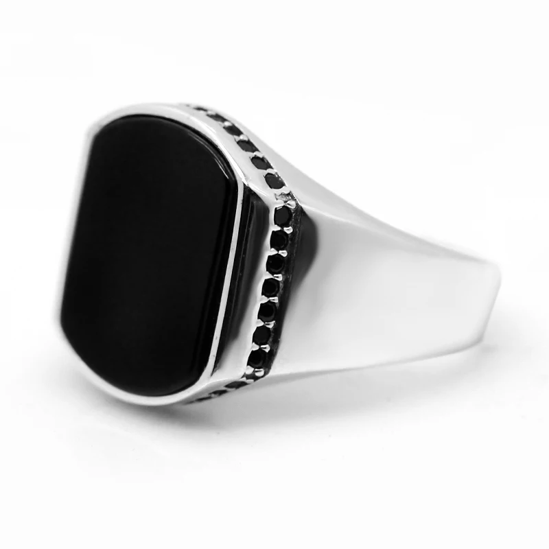 مضمونة 925 خاتم فضة Türkiye خاتم الرجال مربع أسود الحجر الطبيعي تصميم بسيط هدية العقيق النساء الدائري #4