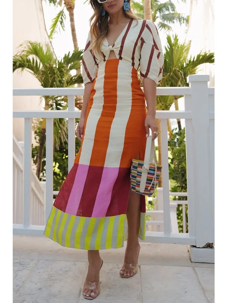 Women Fashion Linen Material  Fashion Chic Print Long Party Dresses Sexy V-neck Hollow Out High Waist Party Dress Lady Robes