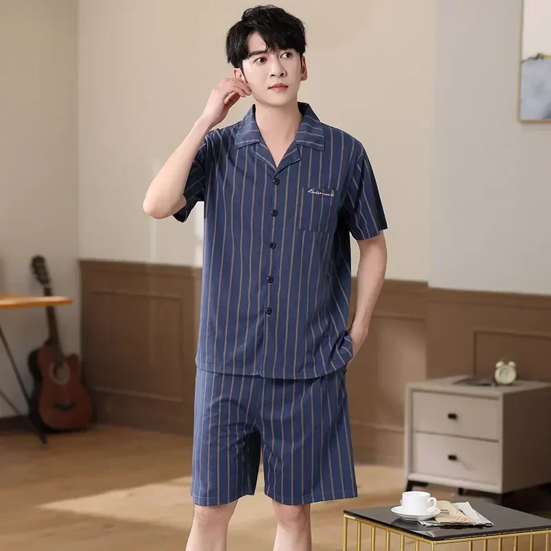 Men Yards Homewear Hombre Short Generous Big Suit XXXL Pijamas Cotton Summer Nightwear Plaid Male Sleeve Pattern Pajamas Leisure