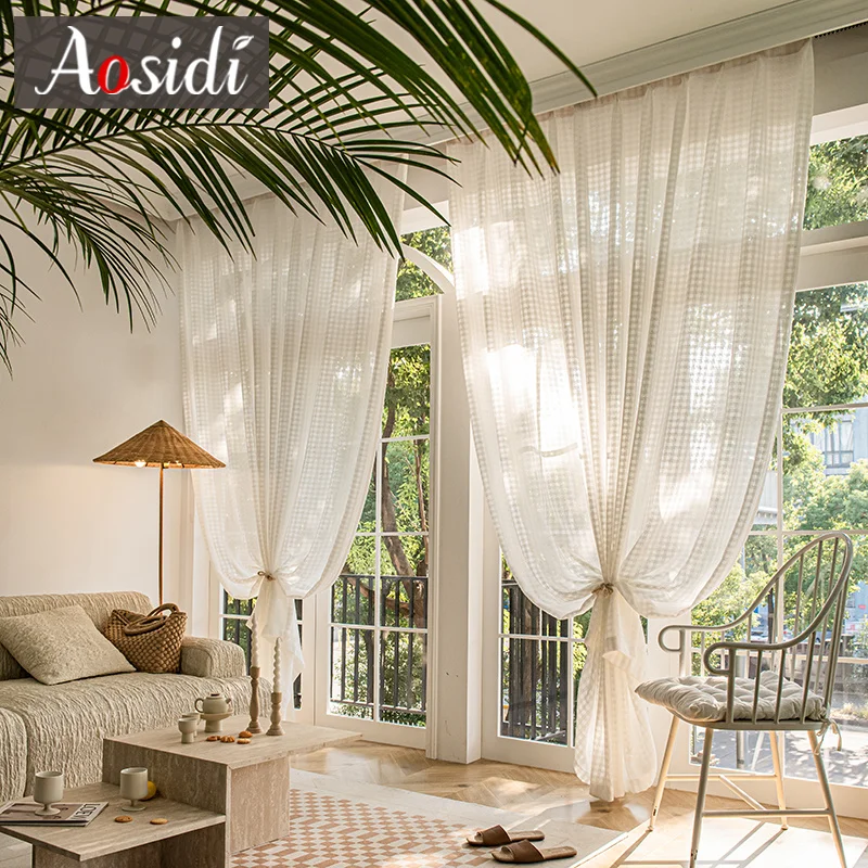 ลายสก๊อตผ้าลินินดู Voilage SHEER ผ้าม่านสําหรับห้องนั่งเล่นหน้าต่างผ้าม่าน Tulle ผ้าม่านผ้าพันคอประตู Cortinas Home Decor แรเงา