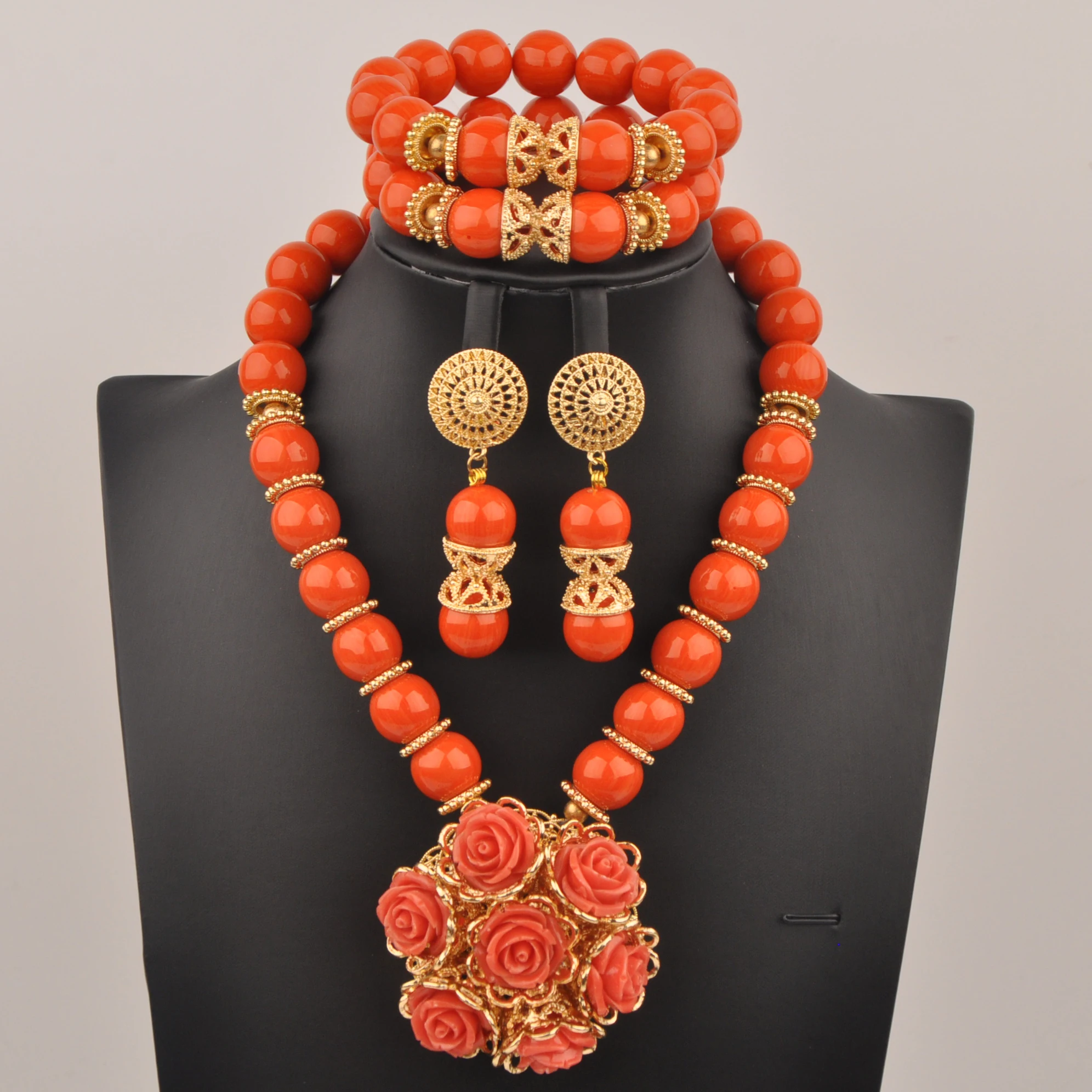 

Nigerian Bride Wedding Jewelry Orange Artificial Coral Necklace African Beads Jewelry Set