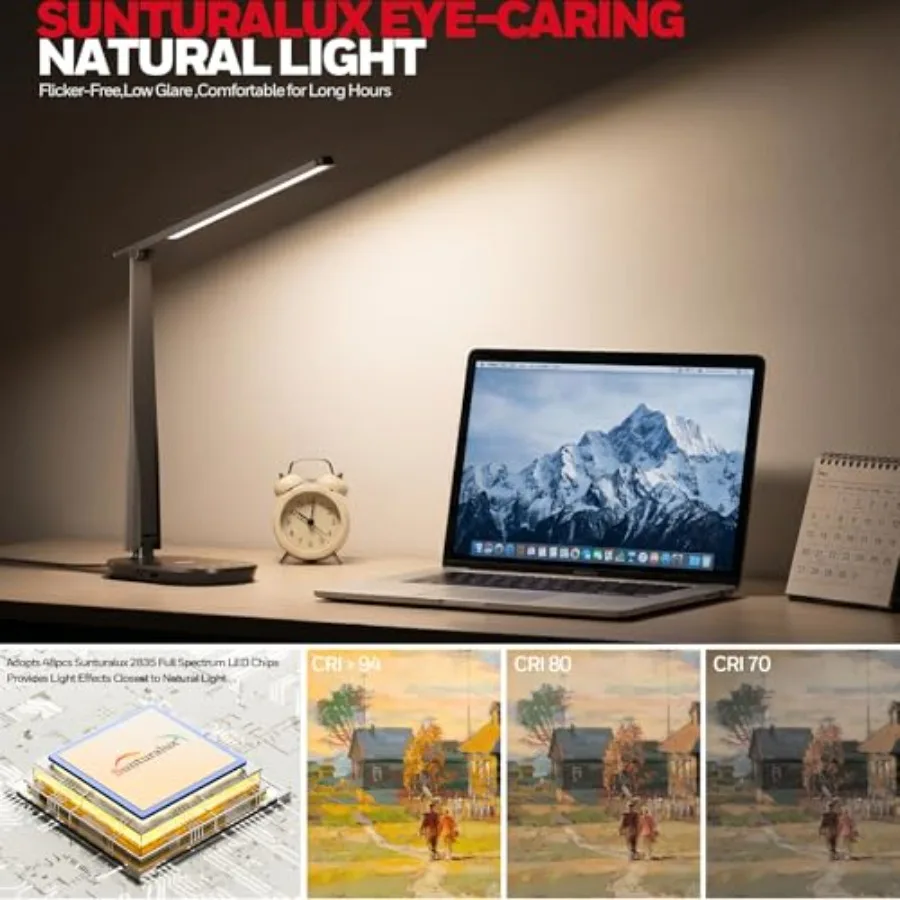 LED Desk Lamp for Home Office, Eye-Caring Dimmable Reading Light with 4 Color Modes, Touch Control, USB-A and USB-C Charging Po view 4