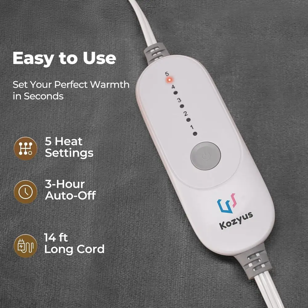 Electric Heated Blanket with Hood & Pockets, 5 Levels, Auto-Off, Washable, Certified, Unisex, Light Grey, 56x63