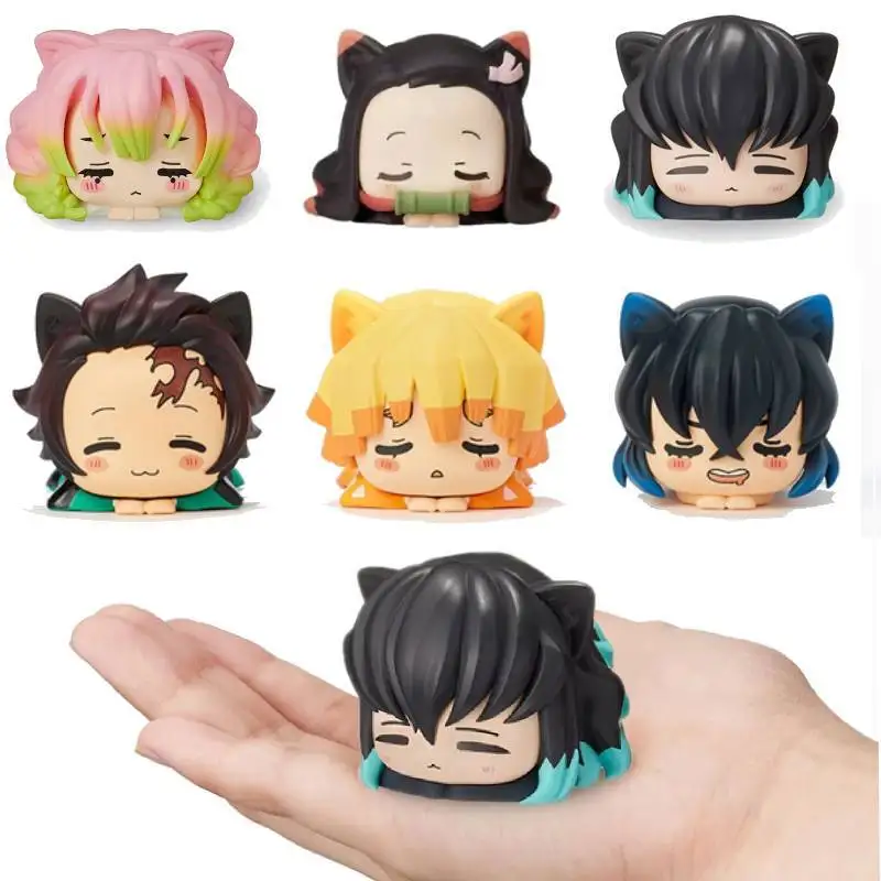 Set de 6 Figuras de Anime Demon Slayer, Nezuko, Tanjirou, Zenitsu, Inosuke, Mini Figuras Kawaii con Orejas de Gato, Figura de PVC para Dormir, Muñecas de Juguete