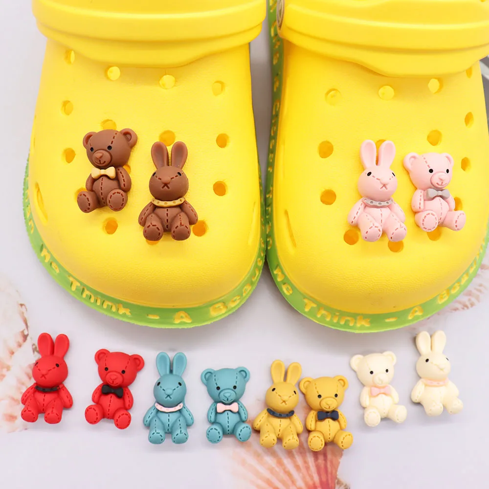 1-12PCS Kawaii Animal Cartoon Rabbit Bear Bow Resin Shoe Charms Accessories Children Adorable Decorations Girls Special Gift