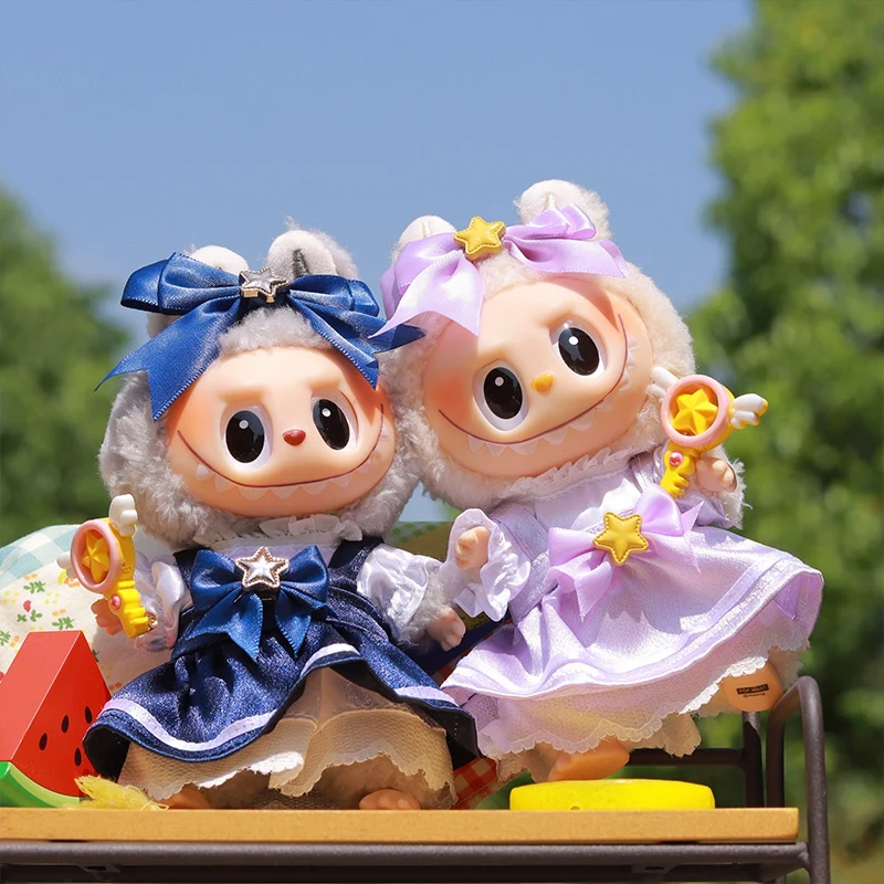 17cm Labubu Clothes Outfit Accessories For Labubu Clothing Bow Hairpin Magic Stick Sakura Dress Four-piece Set Kids Gift