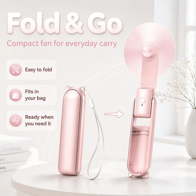 Handheld Fan Outdoor Mini Portable 2000mAh USB Rechargeable Folding Small Pocket Fan with Handy Power Bank Foldable Hand Fan